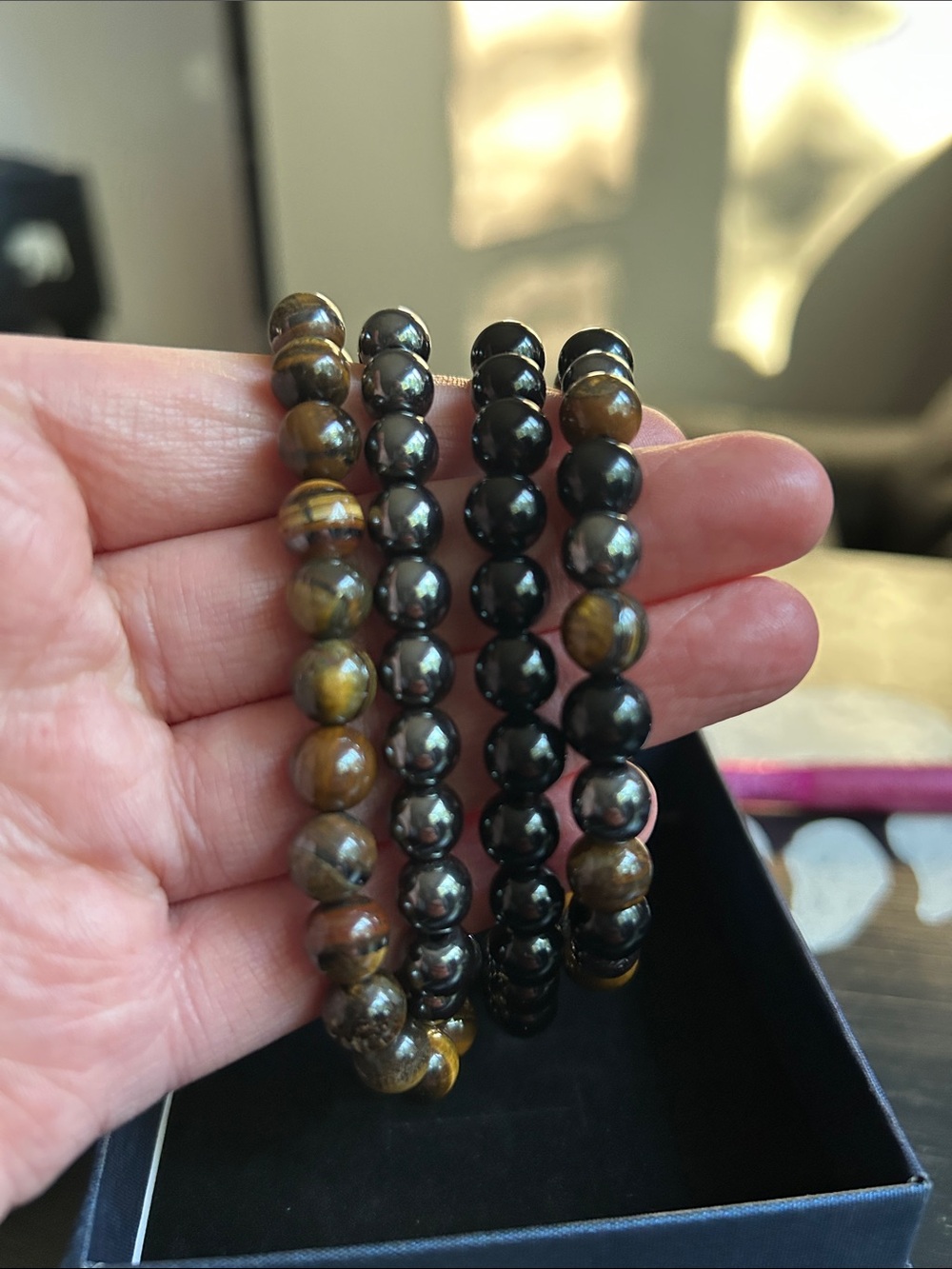 Tiger Eye and Hematite Beaded Bracelet Set - Brown and Black